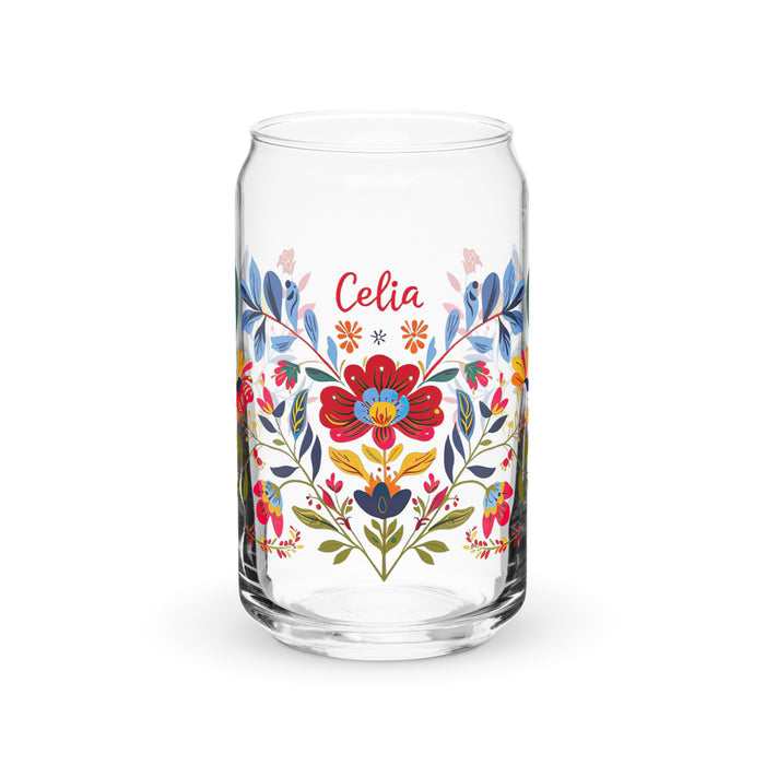 Celia Exclusive Name Art Piece Can-Shaped Glass Home Office Work Mexican Spanish Pride Gift Cup One-Of-A-Kind Calligraphy Glass | C14