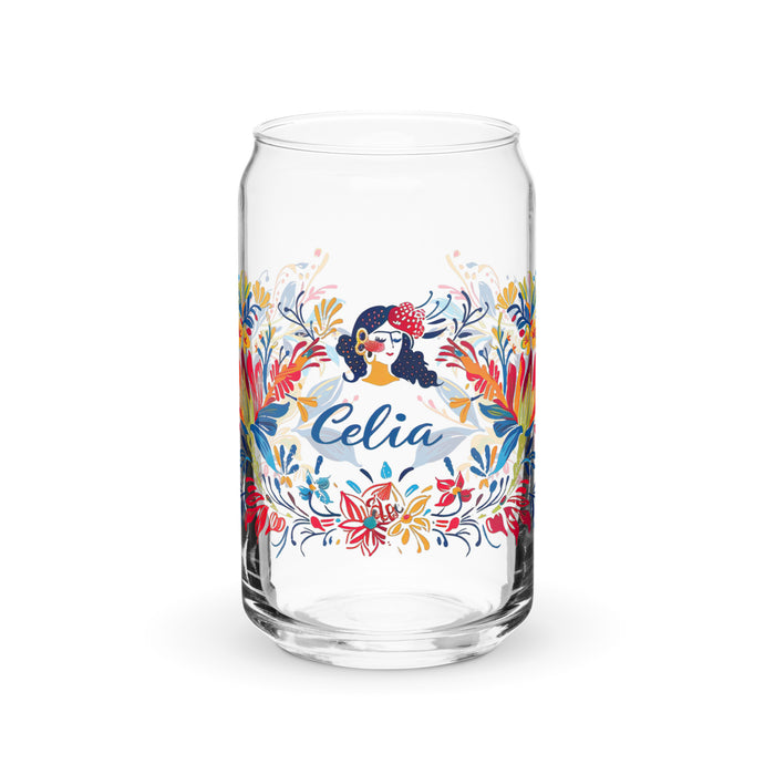 Celia Exclusive Name Art Piece Can-Shaped Glass Home Office Work Mexican Spanish Pride Gift Cup One-Of-A-Kind Calligraphy Glass | C19