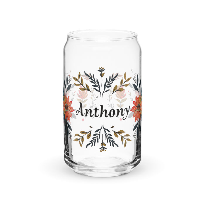 Pieza de arte con nombre exclusivo de Anthony, vaso de vidrio con forma de lata, para el hogar, la oficina, el trabajo, el orgullo mexicano y español, vaso de vidrio con caligrafía único en su tipo | A2