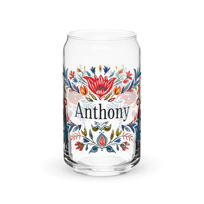 Pieza de arte con nombre exclusivo de Anthony, vaso de vidrio con forma de lata, para el hogar, la oficina, el trabajo, el orgullo mexicano y español, vaso de vidrio con caligrafía único en su tipo | A3