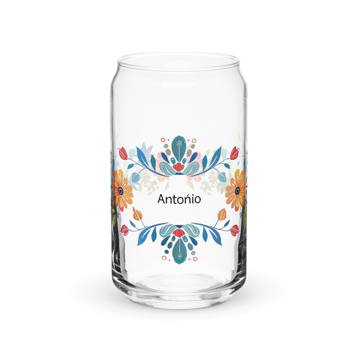 Pieza de arte con nombre exclusivo de Antonio, vaso de vidrio con forma de lata, regalo para el hogar, la oficina, el trabajo, el orgullo mexicano y español, vaso de vidrio con caligrafía única en su tipo | A16