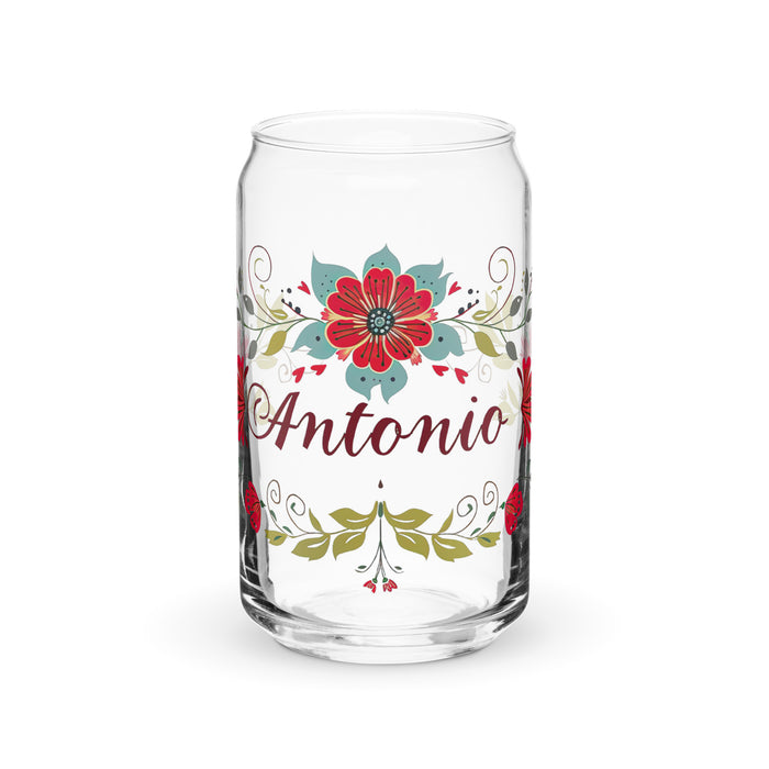 Pieza de arte con nombre exclusivo de Antonio, vaso de vidrio con forma de lata, regalo para el hogar, la oficina, el trabajo, el orgullo mexicano y español, vaso de vidrio con caligrafía única en su tipo | A18