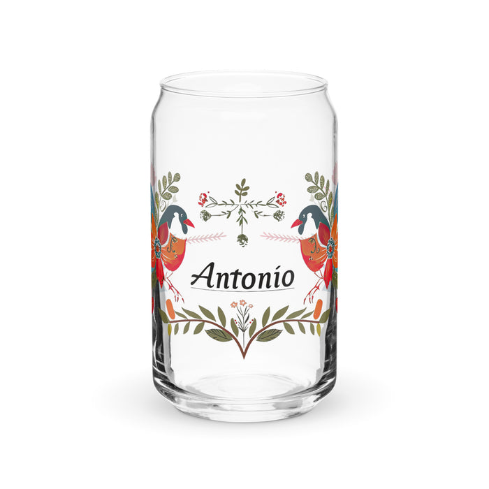 Pieza de arte con nombre exclusivo de Antonio, vaso de vidrio con forma de lata, regalo para el hogar, la oficina, el trabajo, el orgullo mexicano y español, vaso de vidrio con caligrafía única en su tipo | A19