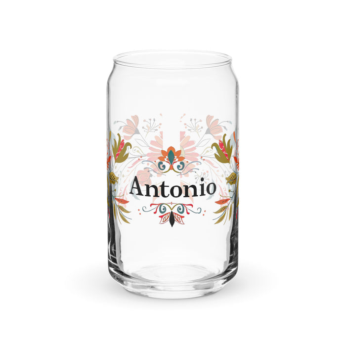 Pieza de arte con nombre exclusivo de Antonio, vaso de vidrio con forma de lata, regalo para el hogar, la oficina, el trabajo, el orgullo mexicano y español, vaso de vidrio con caligrafía única en su tipo | A24