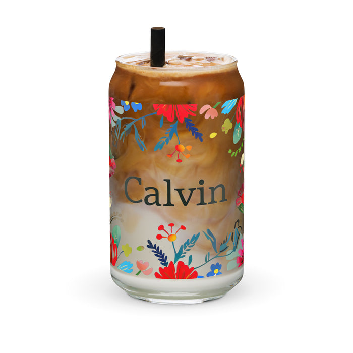 Calvin Exclusive Name Art Piece Can-Shaped Glass Home Office Work Mexican Spanish Pride Gift Cup One-Of-A-Kind Calligraphy Glass | C17