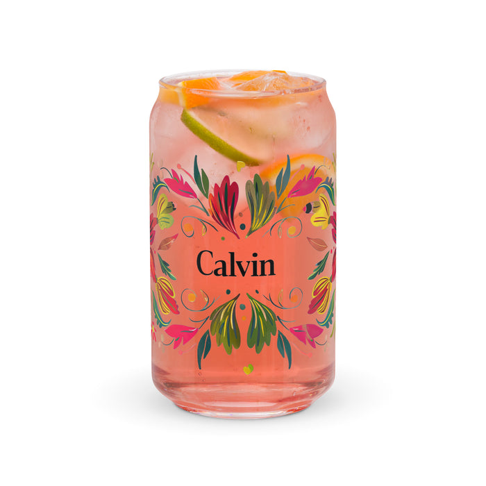 Calvin Exclusive Name Art Piece Can-Shaped Glass Home Office Work Mexican Spanish Pride Gift Cup One-Of-A-Kind Calligraphy Glass | C14