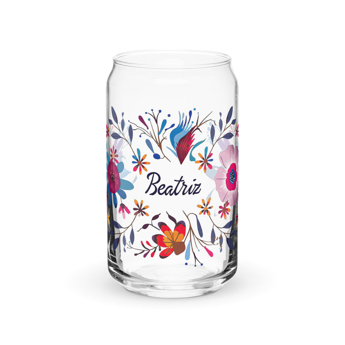 Pieza de arte exclusiva con nombre de Beatriz, vaso de vidrio con forma de lata, regalo para el hogar, la oficina, el trabajo, el orgullo mexicano y español, vaso de vidrio con caligrafía única | B12