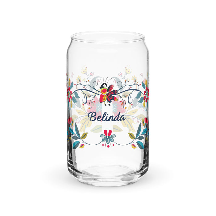 Pieza de arte con nombre exclusivo de Belinda, taza de vidrio con forma de lata, regalo para el hogar, la oficina, el trabajo, orgullo mexicano, vaso de vidrio con caligrafía única | B8