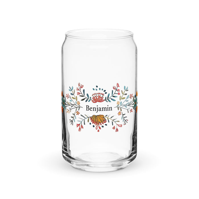 Pieza de arte exclusiva con nombre de Benjamín, vaso de vidrio con forma de lata, regalo para el hogar, la oficina, el trabajo, el orgullo mexicano y español, vaso de vidrio con caligrafía única en su tipo | B11