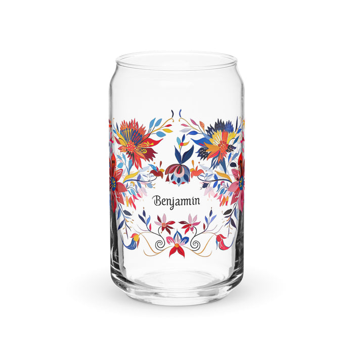 Pieza de arte exclusiva con nombre de Benjamín, vaso de vidrio con forma de lata, regalo para el hogar, la oficina, el trabajo, orgullo mexicano, vaso de vidrio con caligrafía única en su tipo | B44