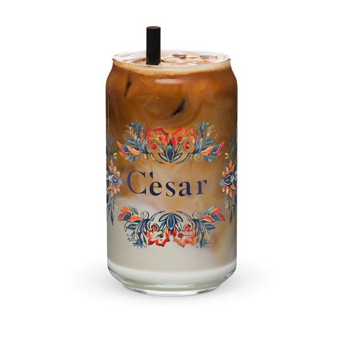 César Exclusive Name Art Piece Can-Shaped Glass Home Office Work Mexican Spanish Pride Gift Cup One-Of-A-Kind Calligraphy Glass | C7