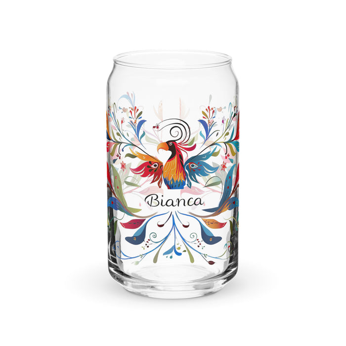 Pieza de arte con nombre exclusivo de Bianca, taza de regalo con forma de lata de vidrio para el hogar, la oficina, el trabajo, el orgullo mexicano y español, vaso de vidrio con caligrafía única en su tipo | B1