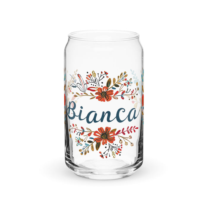 Pieza de arte con nombre exclusivo de Bianca, taza de regalo con forma de lata de vidrio para el hogar, la oficina, el trabajo, el orgullo mexicano y español, vaso de vidrio con caligrafía única en su tipo | B2