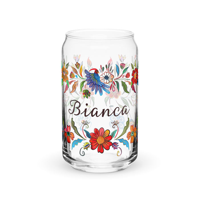 Pieza de arte con nombre exclusivo de Bianca, vaso de vidrio con forma de lata, regalo para el hogar, la oficina, el trabajo, el orgullo mexicano y español, vaso de vidrio con caligrafía única en su tipo | B14