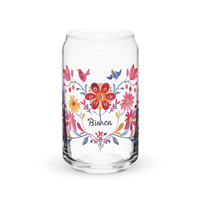 Pieza de arte con nombre exclusivo de Bianca, vaso de vidrio con forma de lata, regalo para el hogar, la oficina, el trabajo, orgullo mexicano, vaso de vidrio con caligrafía única | B20