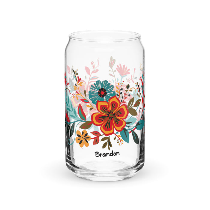 Pieza de arte exclusiva con nombre de Brandon, vaso de vidrio con forma de lata, regalo para el hogar, la oficina, el trabajo, el orgullo mexicano y español, vaso de vidrio con caligrafía único en su tipo | B2