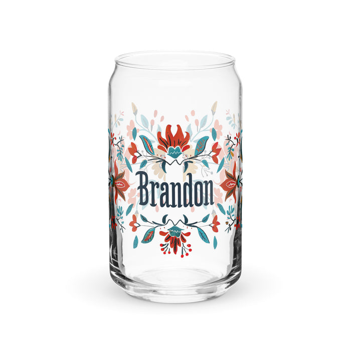 Pieza de arte exclusiva con nombre de Brandon, vaso de vidrio con forma de lata, regalo para el hogar, la oficina, el trabajo, el orgullo mexicano y español, vaso de vidrio con caligrafía único en su tipo | B5