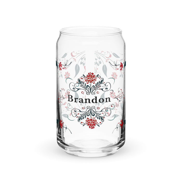 Pieza de arte exclusiva con nombre de Brandon, vaso de vidrio con forma de lata, regalo para el hogar, la oficina, el trabajo, el orgullo mexicano y español, vaso de vidrio con caligrafía único en su tipo | B7