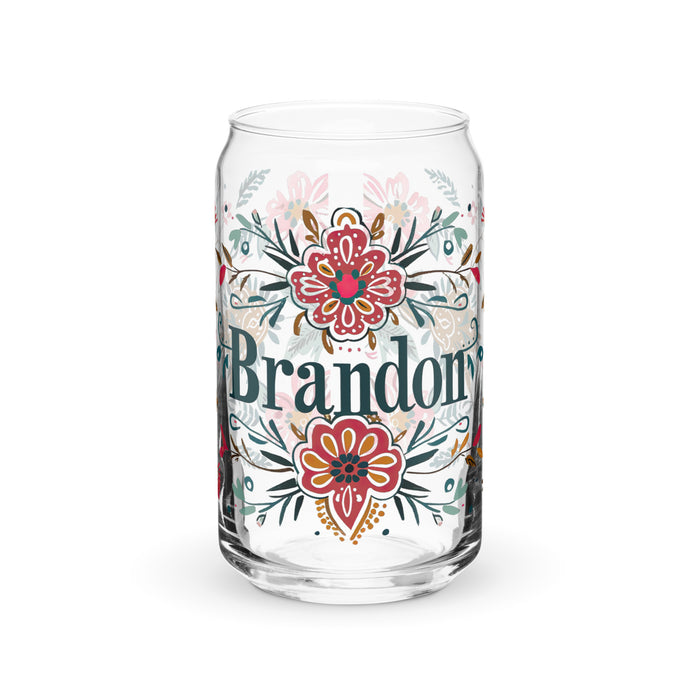 Pieza de arte exclusiva con nombre de Brandon, vaso de vidrio con forma de lata, regalo para el hogar, la oficina, el trabajo, el orgullo mexicano y español, vaso de vidrio con caligrafía único en su tipo | B8