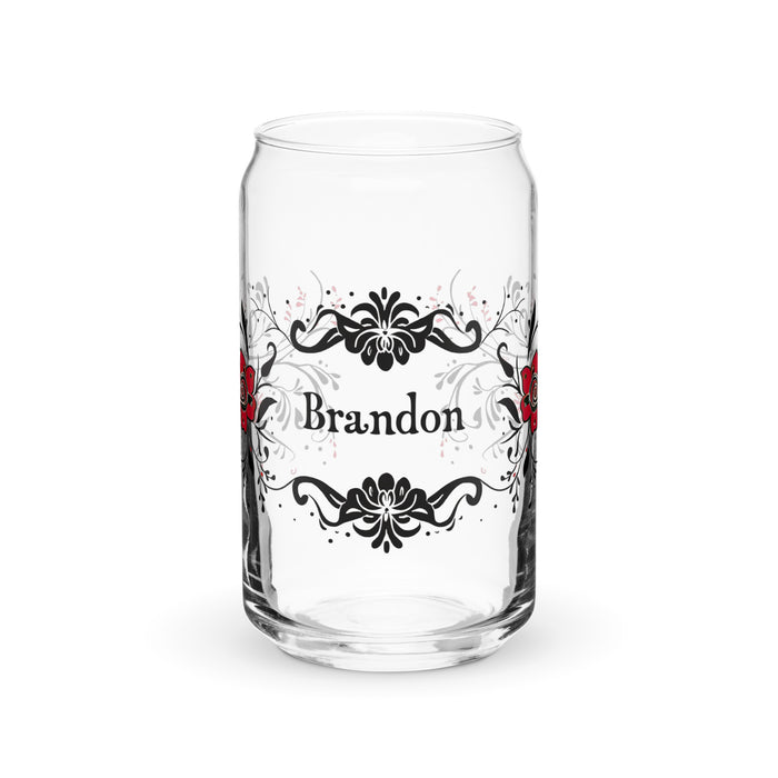 Pieza de arte exclusiva con nombre de Brandon, vaso de vidrio con forma de lata, regalo para el hogar, la oficina, el trabajo, el orgullo mexicano y español, vaso de vidrio con caligrafía único en su tipo | B9