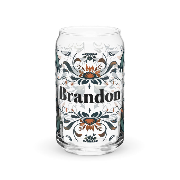 Pieza de arte exclusiva con nombre de Brandon, vaso de vidrio con forma de lata, regalo para el hogar, la oficina, el trabajo, el orgullo mexicano y español, vaso de vidrio con caligrafía único en su tipo | B11