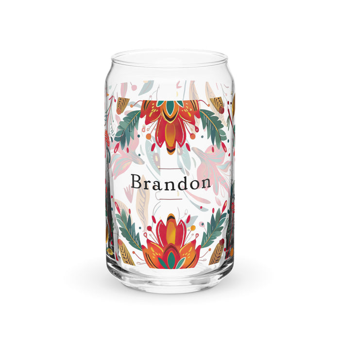 Pieza de arte exclusiva con nombre de Brandon, vaso de vidrio con forma de lata, regalo para el hogar, la oficina, el trabajo, el orgullo mexicano y español, vaso de vidrio con caligrafía único en su tipo | B15