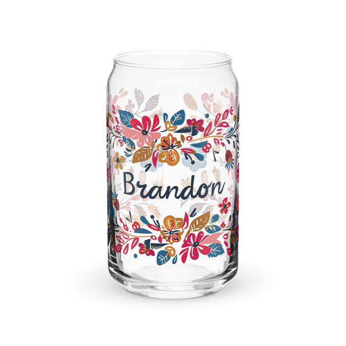 Pieza de arte exclusiva con nombre de Brandon, vaso de vidrio con forma de lata, regalo para el hogar, la oficina, el trabajo, el orgullo mexicano y español, vaso de vidrio con caligrafía único en su tipo | B16