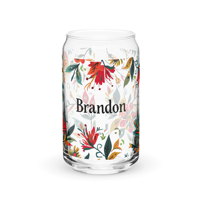 Pieza de arte exclusiva con nombre de Brandon, vaso de vidrio con forma de lata, regalo para el hogar, la oficina, el trabajo, el orgullo mexicano y español, vaso de vidrio con caligrafía único en su tipo | B17