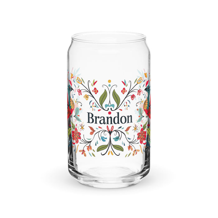 Brandon Exclusive Name Art Piece Can-Shaped Glass Home Office Work Mexican Spanish Pride Gift Cup One-Of-A-Kind Calligraphy Glass | B18