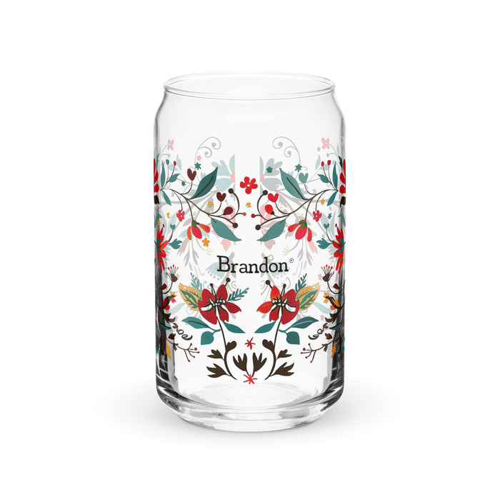 Pieza de arte exclusiva con nombre de Brandon, vaso de vidrio con forma de lata, regalo para el hogar, la oficina, el trabajo, el orgullo mexicano y español, vaso de vidrio con caligrafía único en su tipo | B20