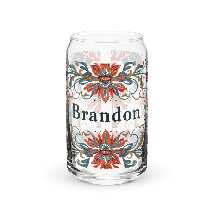 Pieza de arte exclusiva con nombre de Brandon, vaso de vidrio con forma de lata, regalo para el hogar, la oficina, el trabajo, el orgullo mexicano y español, vaso de vidrio con caligrafía único en su tipo | B22