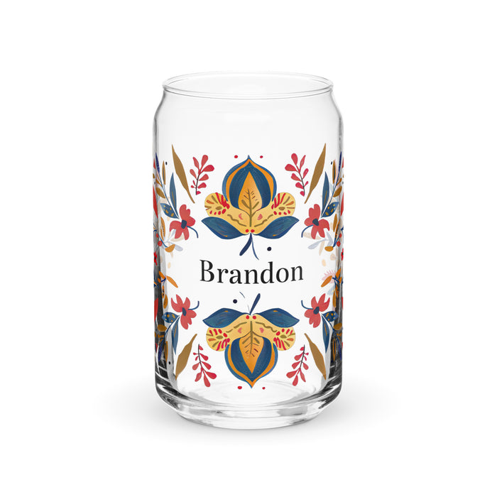 Pieza de arte exclusiva con nombre de Brandon, vaso de vidrio con forma de lata, regalo para el hogar, la oficina, el trabajo, el orgullo mexicano y español, vaso de vidrio con caligrafía único en su tipo | B23