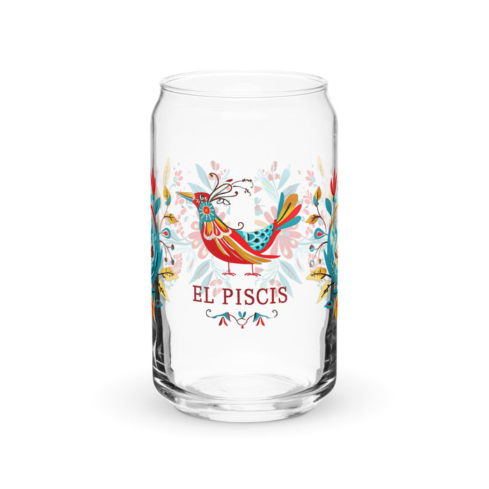 El Piscis Exclusive Art Piece Can-Shaped Glass Home Office Work Mexican Spanish Pride Gift Cup One-Of-A-Kind Calligraphy Glass | E4