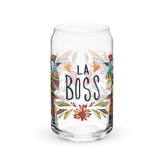 Pieza de arte exclusiva de La Boss, vaso de vidrio con forma de lata para el hogar, la oficina, el trabajo, el orgullo mexicano y español, vaso de vidrio con caligrafía única en su tipo | L15