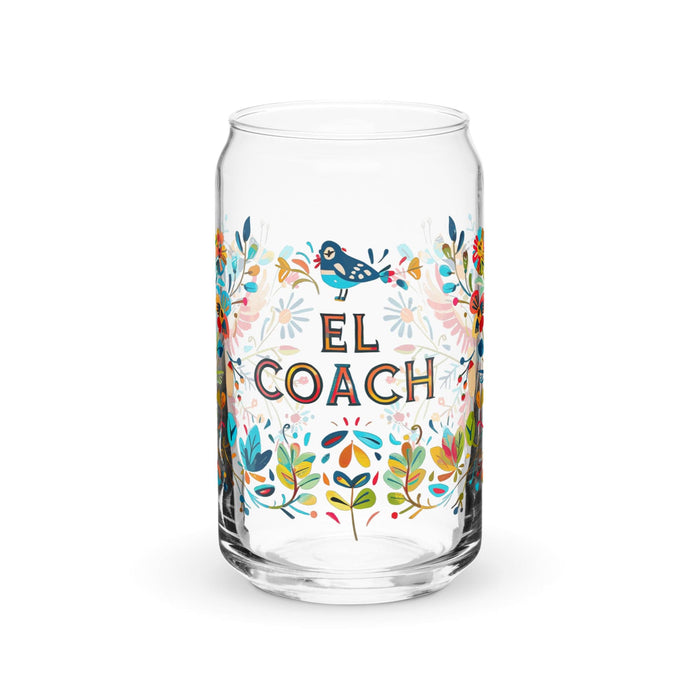 Pieza de arte exclusiva de El Coach, vaso de vidrio con forma de lata, regalo para el hogar, la oficina, el trabajo, el orgullo mexicano, vaso de vidrio con caligrafía única en su tipo | E14