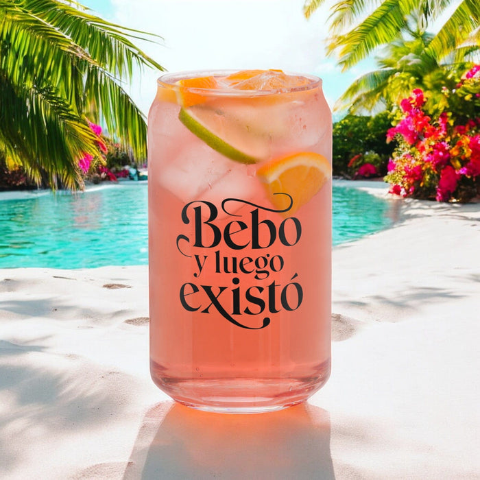 Bebo Y Luego Existo Exclusive Art Piece Can-Shaped Glass Home Office Work Mexican Spanish Pride Gift Cup One-Of-A-Kind Calligraphy Glass | B7