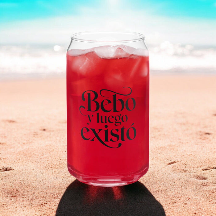 Bebo Y Luego Existo Exclusive Art Piece Can-Shaped Glass Home Office Work Mexican Spanish Pride Gift Cup One-Of-A-Kind Calligraphy Glass | B7