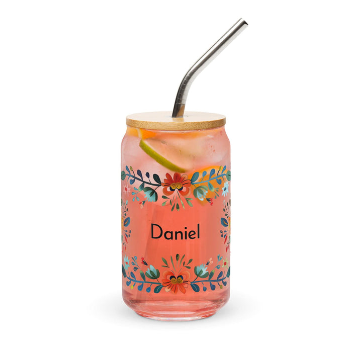 Pieza de arte exclusiva con nombre de Daniel, vaso de vidrio con forma de lata, regalo para el hogar, la oficina, el trabajo, el orgullo mexicano y español, vaso de vidrio con caligrafía única | D19