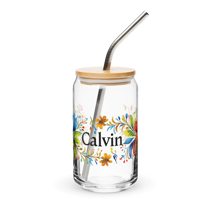 Calvin Exclusive Name Art Piece Can-Shaped Glass Home Office Work Mexican Spanish Pride Gift Cup One-Of-A-Kind Calligraphy Glass | C6