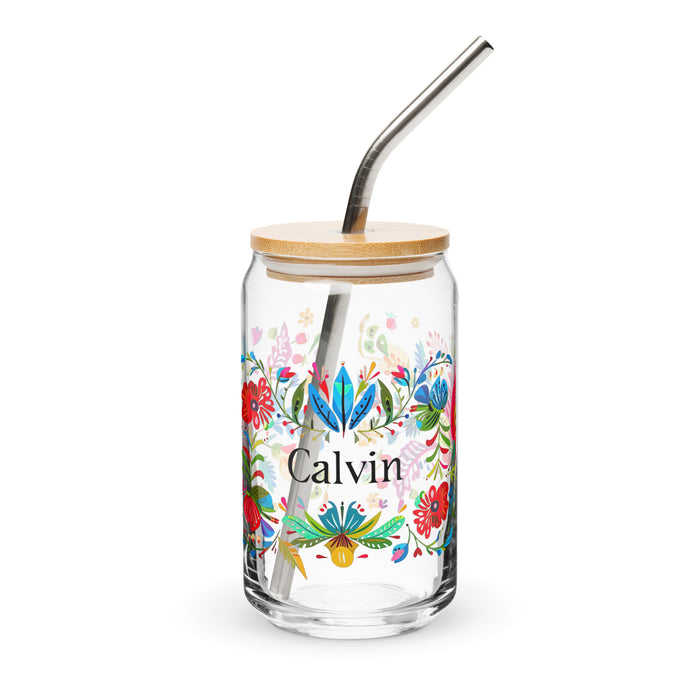 Calvin Exclusive Name Art Piece Can-Shaped Glass Home Office Work Mexican Spanish Pride Gift Cup One-Of-A-Kind Calligraphy Glass | C12