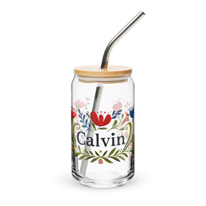 Calvin Exclusive Name Art Piece Can-Shaped Glass Home Office Work Mexican Spanish Pride Gift Cup One-Of-A-Kind Calligraphy Glass | C16