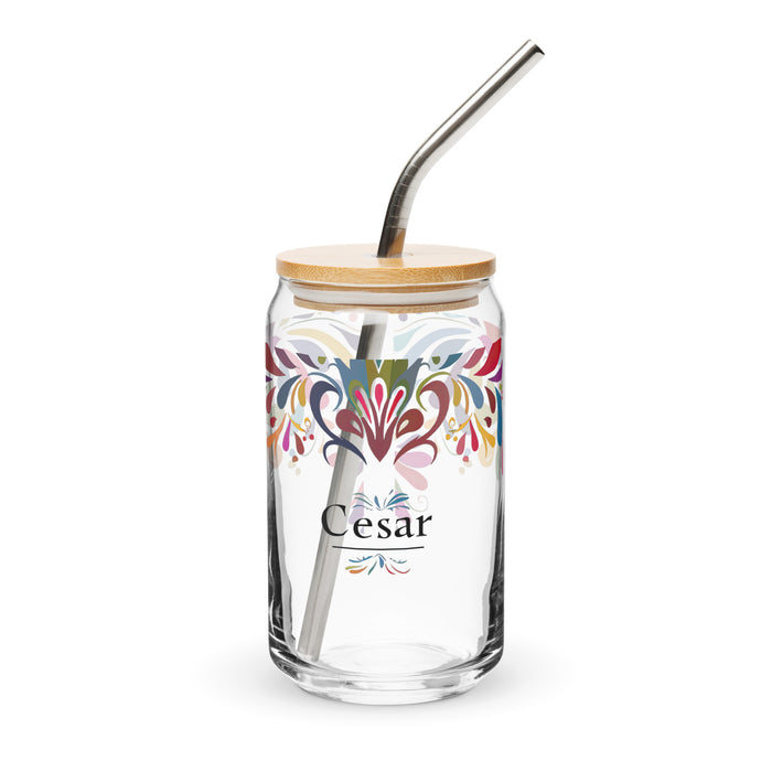 César Exclusive Name Art Piece Can-Shaped Glass Home Office Work Mexican Spanish Pride Gift Cup One-Of-A-Kind Calligraphy Glass | C10