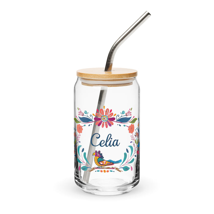 Celia Exclusive Name Art Piece Can-Shaped Glass Home Office Work Mexican Spanish Pride Gift Cup One-Of-A-Kind Calligraphy Glass | C2