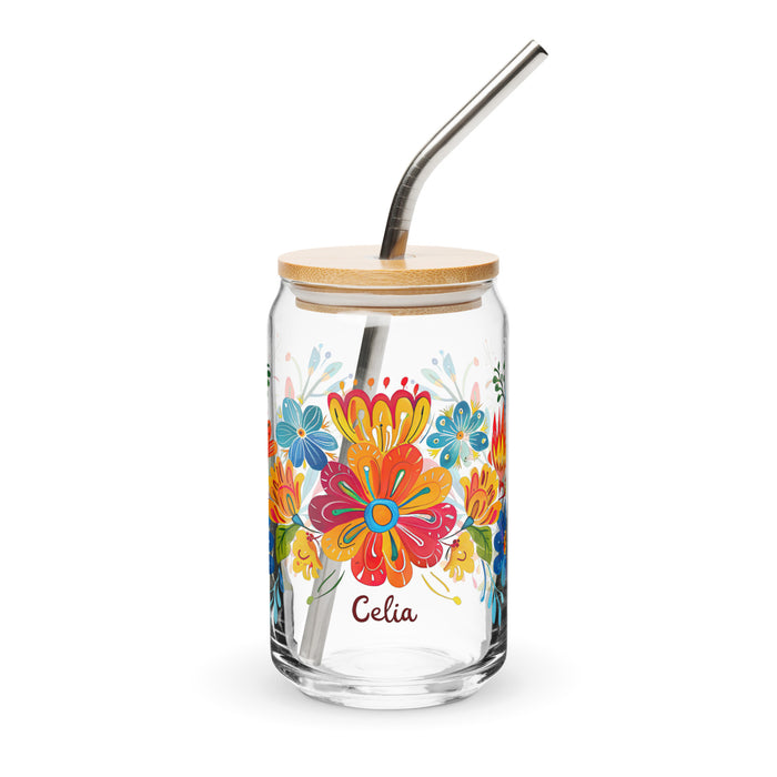 Celia Exclusive Name Art Piece Can-Shaped Glass Home Office Work Mexican Spanish Pride Gift Cup One-Of-A-Kind Calligraphy Glass | C4