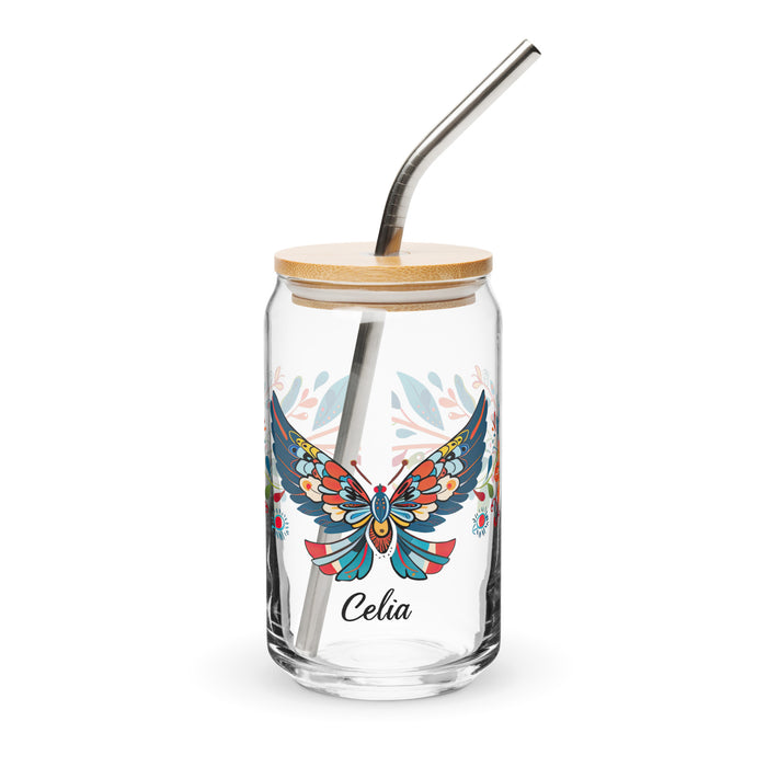 Celia Exclusive Name Art Piece Can-Shaped Glass Home Office Work Mexican Spanish Pride Gift Cup One-Of-A-Kind Calligraphy Glass | C12