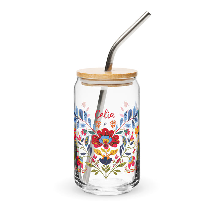 Celia Exclusive Name Art Piece Can-Shaped Glass Home Office Work Mexican Spanish Pride Gift Cup One-Of-A-Kind Calligraphy Glass | C14