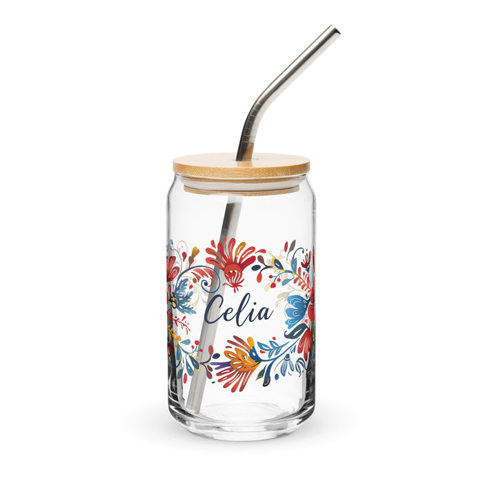 Celia Exclusive Name Art Piece Can-Shaped Glass Home Office Work Mexican Spanish Pride Gift Cup One-Of-A-Kind Calligraphy Glass | C16