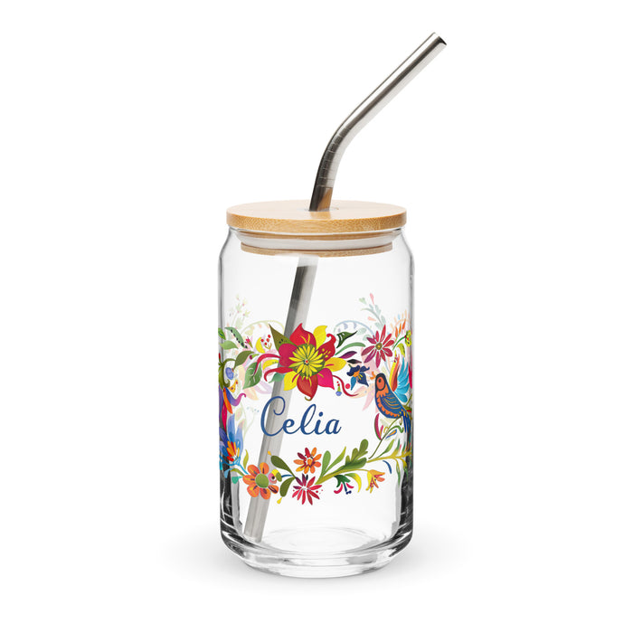 Celia Exclusive Name Art Piece Can-Shaped Glass Home Office Work Mexican Spanish Pride Gift Cup One-Of-A-Kind Calligraphy Glass | C17