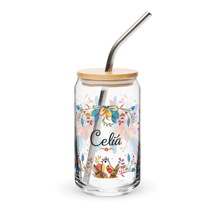 Celia Exclusive Name Art Piece Can-Shaped Glass Home Office Work Mexican Spanish Pride Gift Cup One-Of-A-Kind Calligraphy Glass | C18