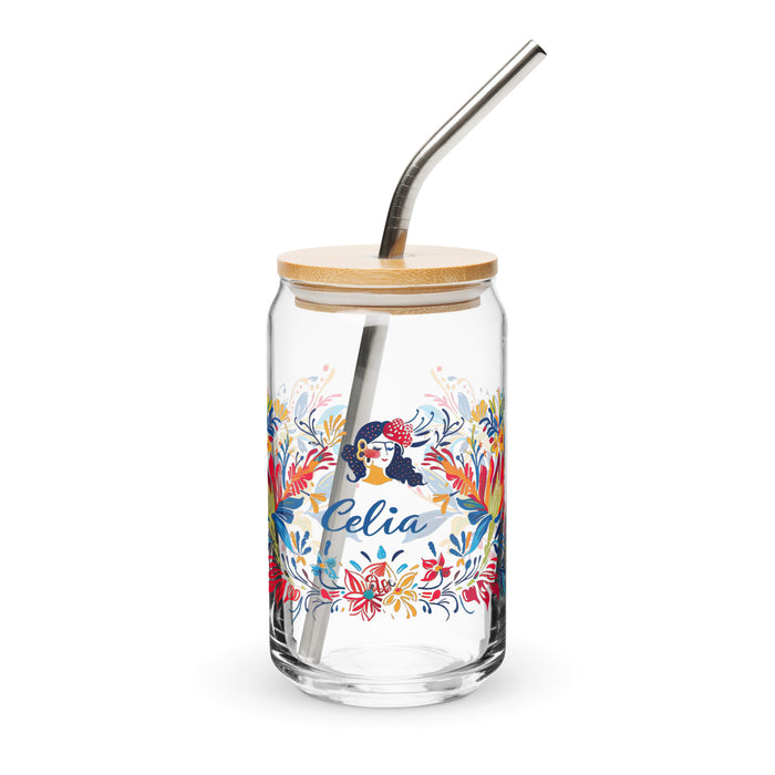 Celia Exclusive Name Art Piece Can-Shaped Glass Home Office Work Mexican Spanish Pride Gift Cup One-Of-A-Kind Calligraphy Glass | C19